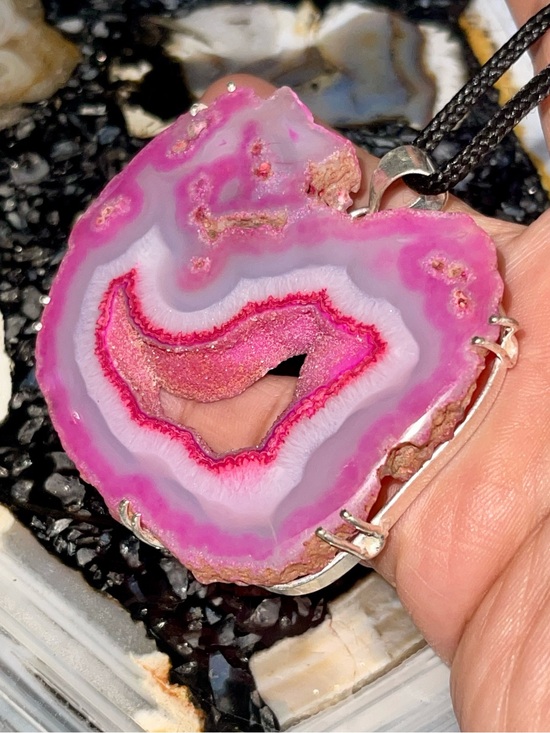 handmade & handcrafted gemstone jewelry Jewelry - Jumbo Vibrant Pink Agate Geode Slice Drusy  Pendant 2 1/4”x2 1/4”